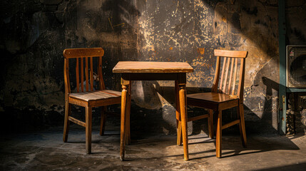 Aufkleber - Rustic wooden table with two mismatched chairs in dimly lit room, showcasing vintage aesthetic against textured wall. warm tones evoke cozy atmosphere