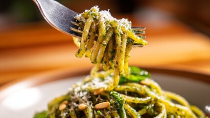 Poster - A close-up of a fork twirling spaghetti noodles coated in a rich pesto sauce, with a sprinkle of pine nuts and Parmesan cheese, set against a wooden table.
