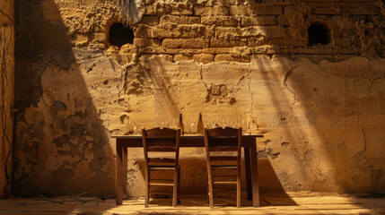 Aufkleber - Rustic minimal table with two mismatched wooden chairs sits against weathered wall, illuminated by soft sunlight casting gentle shadows, creating warm and inviting atmosphere