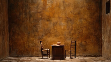 Aufkleber - Rustic minimal table with two mismatched wooden chairs creates warm and inviting atmosphere in room with textured, earthy walls. simplicity of setting evokes sense of tranquility and nostalgia