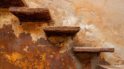 Poster - Rusty staircase with textured wall in abandoned building, showcasing peeling paint and weathered surfaces, evokes sense of decay and nostalgia