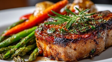 Poster - A close-up of a juicy, grilled pork chop with a beautifully seared crust, served with a side of sauted vegetables and a sprinkle of fresh herbs.