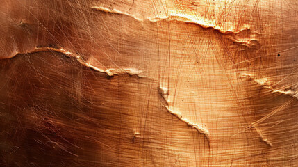  - Scratched copper surface with tarnish and reflection, showcasing intricate textures and warm tones that evoke sense of age and beauty. interplay of light enhances its unique character