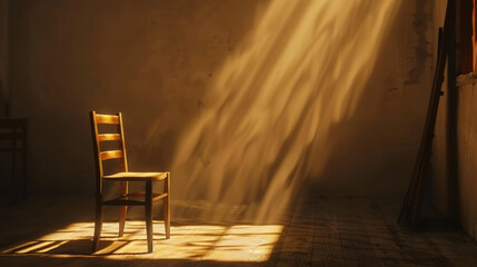 Poster - Wooden chair sits alone in sunlit room, casting soft shadows on floor. warm light creates serene atmosphere, evoking feelings of solitude and reflection
