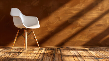 Poster - Modern white chair with wooden legs is positioned against textured brown wall, casting soft shadows on wooden floor. scene evokes sense of minimalism and tranquility