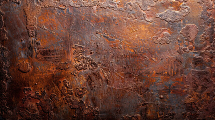 Poster - Tarnished metal plate with layers of fading and stains, showcasing rich texture and warm tones. surface displays intricate patterns and weathered appearance, evoking sense of history and character
