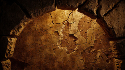Poster - Textured stone arch wall with erosion and age spots, showcasing natural patterns and warm lighting that highlights intricate details of surface. image evokes sense of history and timelessness