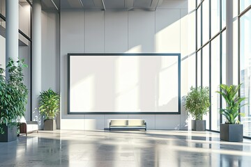 Poster - High Definition View of Blank Billboard in Lobby of Modern Office Building 3D Rendering