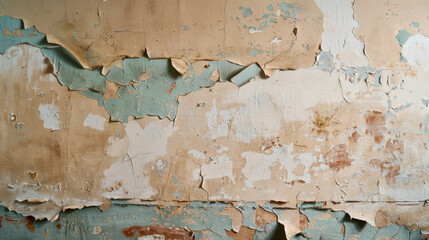 Poster - Vintage wall plaster with patchwork and paint peels creates textured and weathered appearance, evoking sense of nostalgia and history. layers of color and texture tell story of time