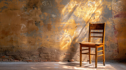Poster - Wooden chair stands alone in empty room, illuminated by soft sunlight filtering through window, casting warm shadows on textured wall. atmosphere feels serene and inviting