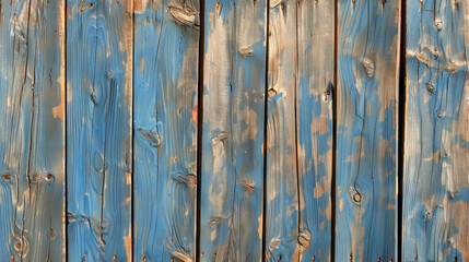 Poster - Weathered wooden fence with blue and brown color scheme, showcasing chipped corners and rustic appearance, evokes sense of charm and nostalgia
