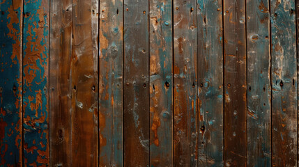 Poster - Worn wooden planks with rustic finish showcase blend of brown and blue hues, reflecting passage of time and natural wear. This textured wall evokes sense of history and charm