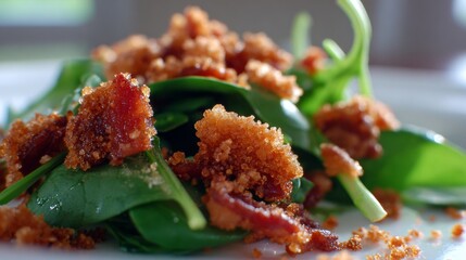 Poster - A creative shot of bacon bits sprinkled over a fresh salad, highlighting the contrast between the crispy meat and vibrant greens in natural light.