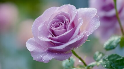 Poster - A delicate close-up of a lavender rose with fresh morning dew, with soft focus on the edges of the petals and the surrounding greenery slightly blurred.