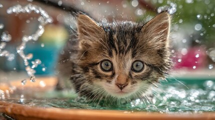 Poster - A cute shot of a kitten splashing in a shallow basin of water, with droplets flying and a playful expression, capturing the joy of bath time.
