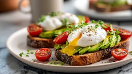 Poster - A delicious breakfast spread featuring toasted bread, avocado slices, poached eggs, and cherry tomatoes, arranged beautifully on a clean, modern kitchen counter.