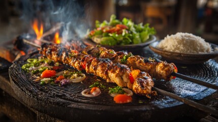 Poster - A delicious pork kebab being grilled over an open flame, with chunks of marinated pork and vegetables, served with a side of rice and a fresh salad.