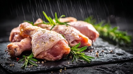 Poster - A dramatic shot of raw chicken thighs and drumsticks placed on a dark slate surface, with droplets of water and herbs adding freshness to the scene.