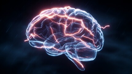 Poster - A dynamic shot of a brain illustration with neon-like highlights, representing different functional areas such as memory, emotion, and cognition.