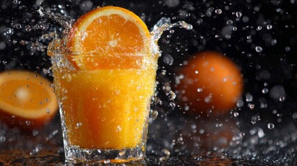 Aufkleber - A freshly cut orange being squeezed over a glass, with droplets of juice and vibrant colors filling the glass in a dynamic, mouthwatering shot.