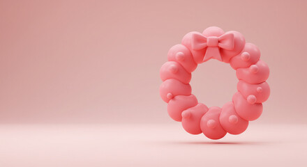 Poster - A charming pink festive wreath with a delicate bow floats gently in a soft pastel setting.
