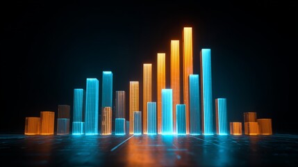 Poster - A futuristic D bar chart with illuminated bars in various heights, highlighting business growth data in a digital finance environment.