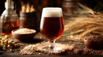 Aufkleber - A glass of amber beer with a frothy top, surrounded by beer brewing ingredients like hops and grains on a wooden surface.