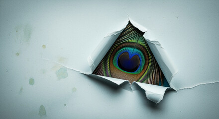 Poster - Peacock feather eye seen through torn paper