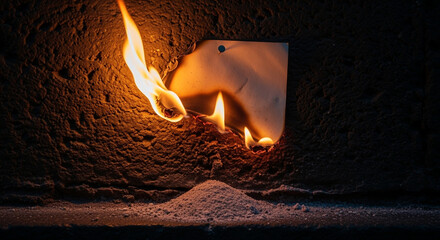 Poster - Paper burning on rough wall with ash pile below