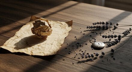 Poster - Crumpled paper and lavender with locket on wooden table