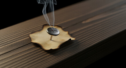 Poster - Burning wood with nail and smoke on dark wooden background