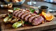 © NATALIIA - Five spice duck breast sliced on wooden cutting board with perfect doneness gradient from caramelized crust to pink center with roasted vegetables and orange segments
