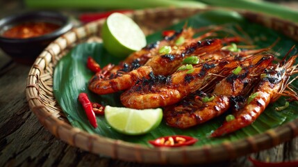 Poster - A mouthwatering image of grilled shrimp served on a bamboo plate, garnished with lime and chili, evoking a sense of tropical flavor and culinary delight.