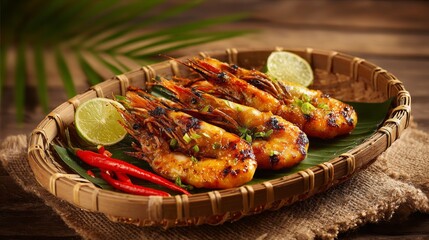 Poster - A mouthwatering image of grilled shrimp served on a bamboo plate, garnished with lime and chili, evoking a sense of tropical flavor and culinary delight.