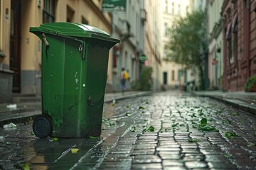 Aufkleber - High Quality Image of Green Plastic Garbage Container Standing in the Street