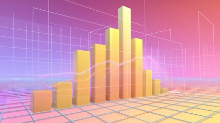 Poster - A professional D bar chart in soft gradient tones, with bars rising upwards and data lines overlaid, set in a minimalist digital environment.