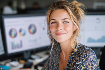 Poster - A woman with blonde hair and blue eyes is smiling in front of a computer monitor
