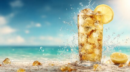 Aufkleber - A refreshing glass of fizzy soda filled with ice cubes, topped with a slice of lemon, and bubbles rising to the surface, set against a bright summer background.