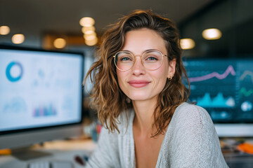 Poster - A woman wearing glasses is sitting in front of a computer monitor