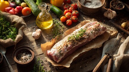 Poster - A rustic kitchen scene with a whole pork tenderloin being seasoned and prepared on a wooden countertop, with fresh vegetables and cooking utensils nearby.