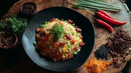 Poster - A rustic table filled with a generous serving of fried rice surrounded by colorful garnishes, showcasing the dish as a centerpiece for a hearty meal.