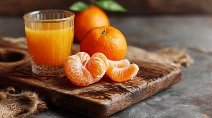 Poster - A rustic wooden board with a half-peeled orange next to a glass of juice, showcasing the vibrant color and texture of the fruit and drink.