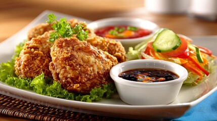 Poster - A serene view of crispy fried chicken paired with a refreshing salad, creating a balance between indulgence and health in a beautifully arranged meal.