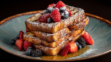 Aufkleber - A stack of French toast slices dusted with powdered sugar and topped with fresh berries and a drizzle of maple syrup, served on a rustic ceramic plate.