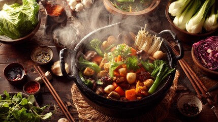 Aufkleber - A steaming hot pot filled with vibrant vegetables, seafood, and meat, placed on a table surrounded by dipping sauces, fresh herbs, and chopsticks.