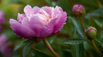 Poster - A stunning shot of a pink peony with sparkling water droplets, surrounded by lush green foliage, capturing the lushness and beauty of a garden after a rain shower.