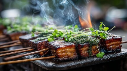 Aufkleber - A visually appealing display of pork belly skewers on a grill, with smoky char marks and fresh herbs, set against a blurred outdoor background.
