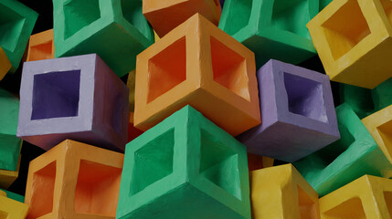 Poster - A collection of colorful hollow cubes piled together close up view design