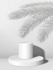 Poster - White cylinder podium with palm leaf shadow on a white background scene