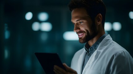 Poster - Businessman examining data on digital tablet in office environment